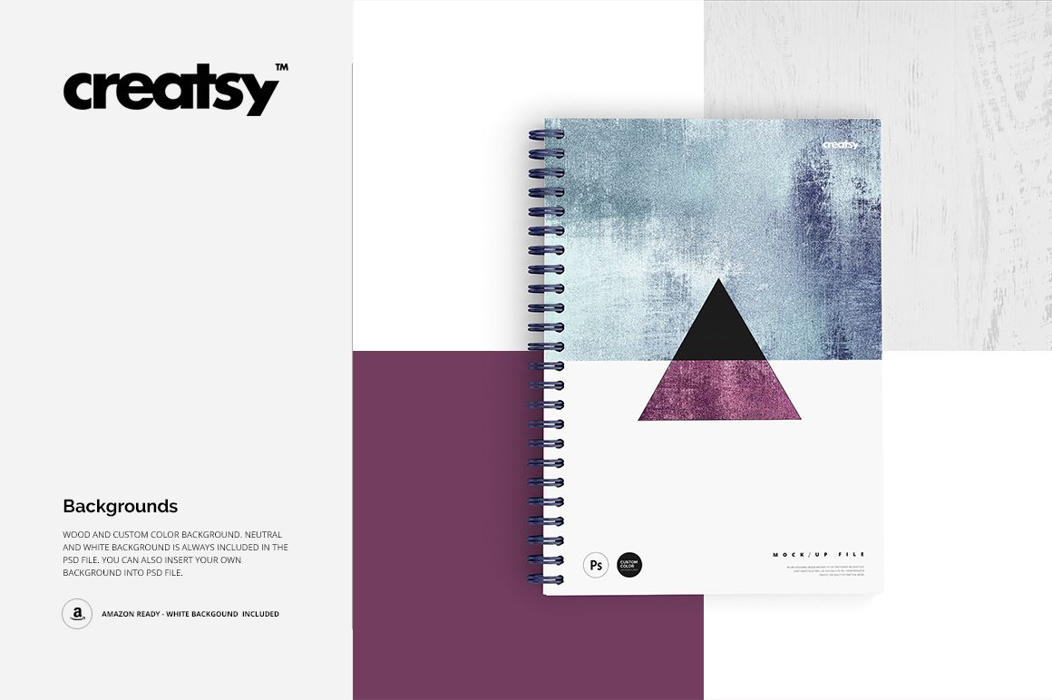 Spiral notebook mockup featuring a triangle and textured pattern on the cover, shown against layered color backgrounds.