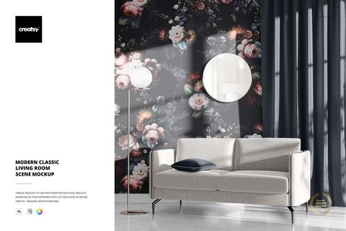 Modern living room mockup featuring a light gray sofa, floral patterned dark wall, round mirror, and tall curtains.
