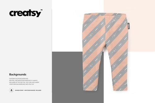 Front view of baby leggings with diagonal peach and gray stripes and small white motifs, displayed on a PSD mockup.