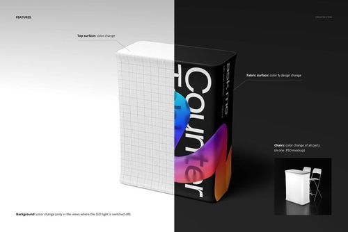 LED light box counter table mockup shown with customizable top and fabric surfaces, split between bright and dark backgrounds.