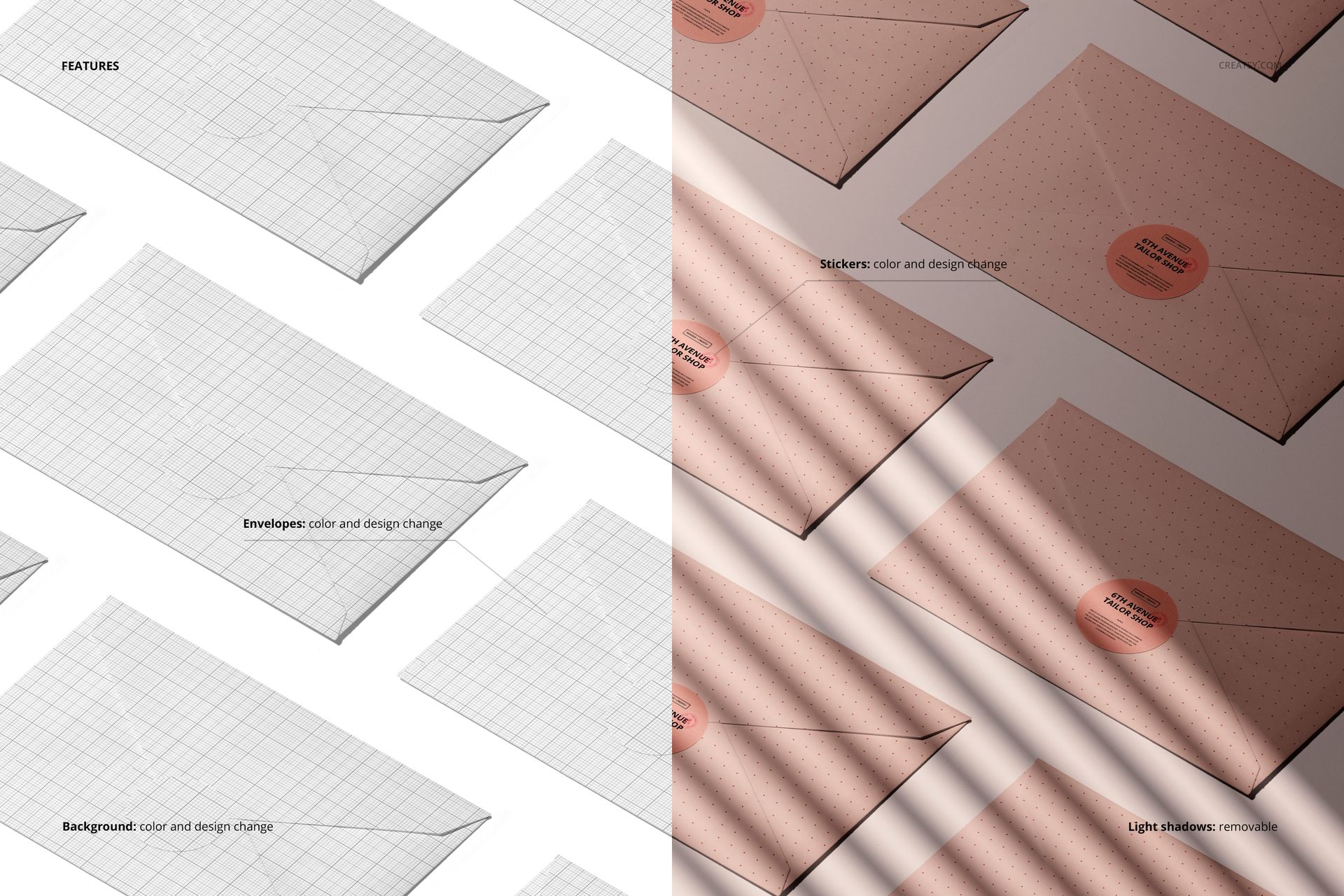Envelopes mockup PSD with sticker detail, split scene shows customizable grid pattern and realistic pink envelopes with soft shadows.