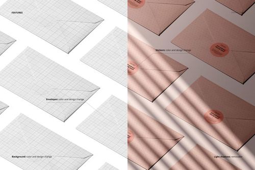 Envelopes mockup PSD with sticker detail, split scene shows customizable grid pattern and realistic pink envelopes with soft shadows.