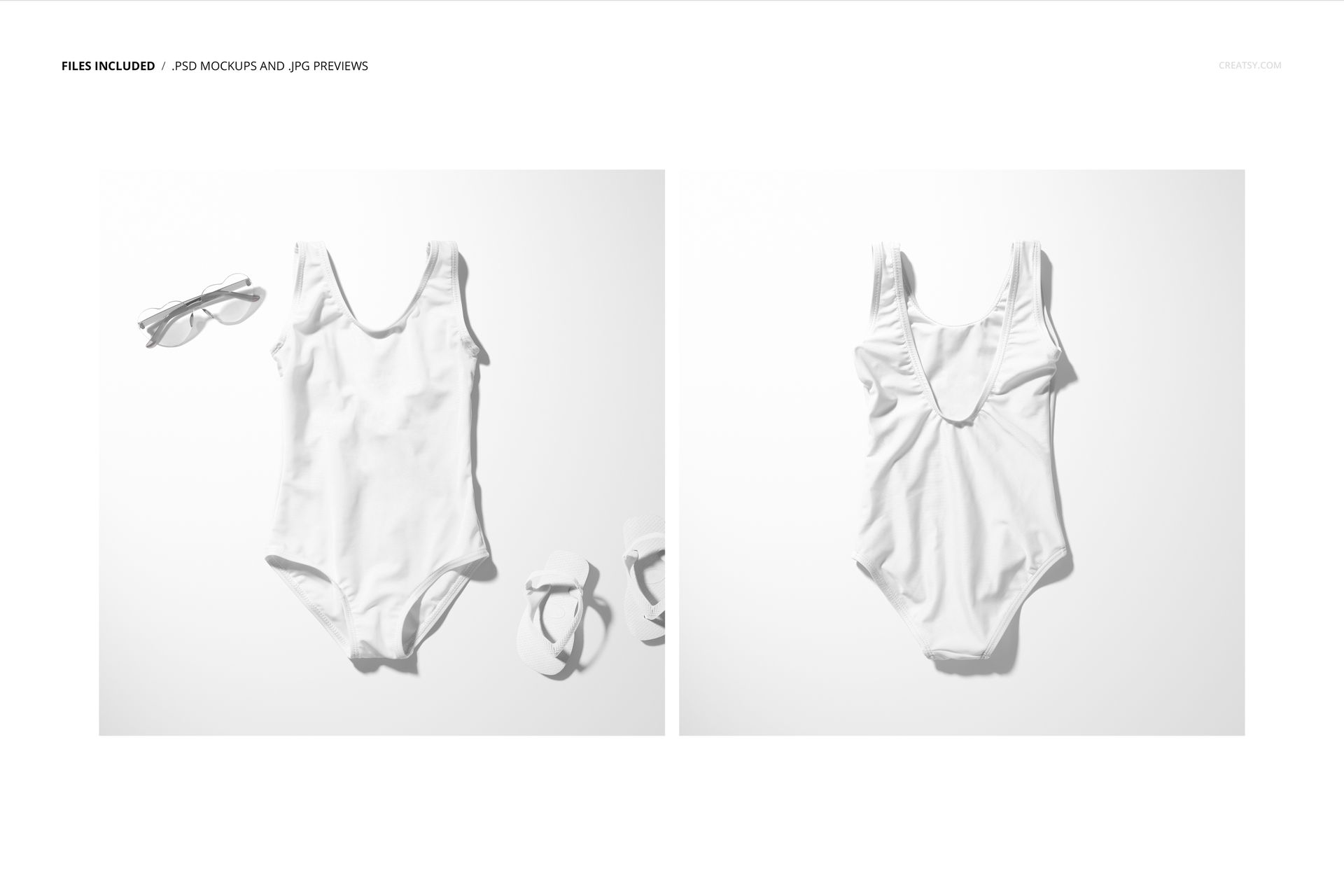White baby swimsuit mockup shown in front and back views on a light background, with heart-shaped sunglasses and flip-flops beside it.