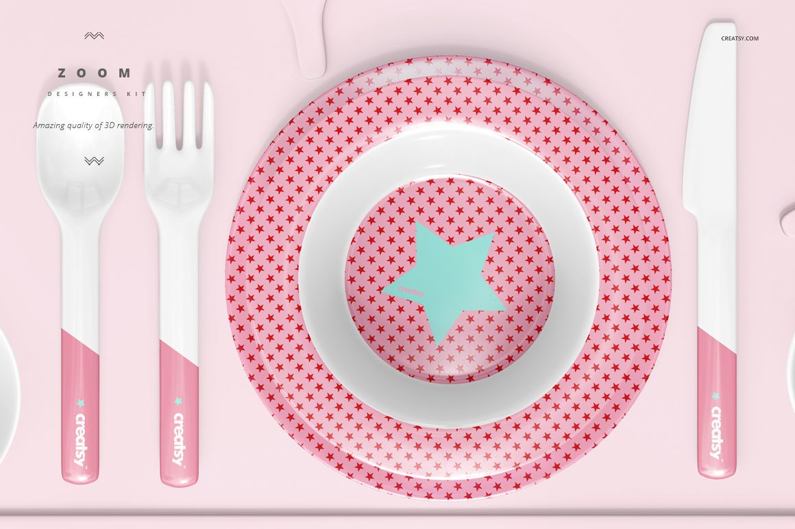 Kids melamine dinnerware set mockup featuring a plate and bowl with pink star pattern, top view on pastel background.