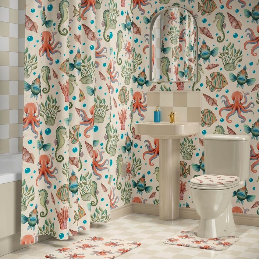 Bathroom mockup featuring a shower curtain, wall, and accessories decorated with a colorful octopus and sea life pattern.