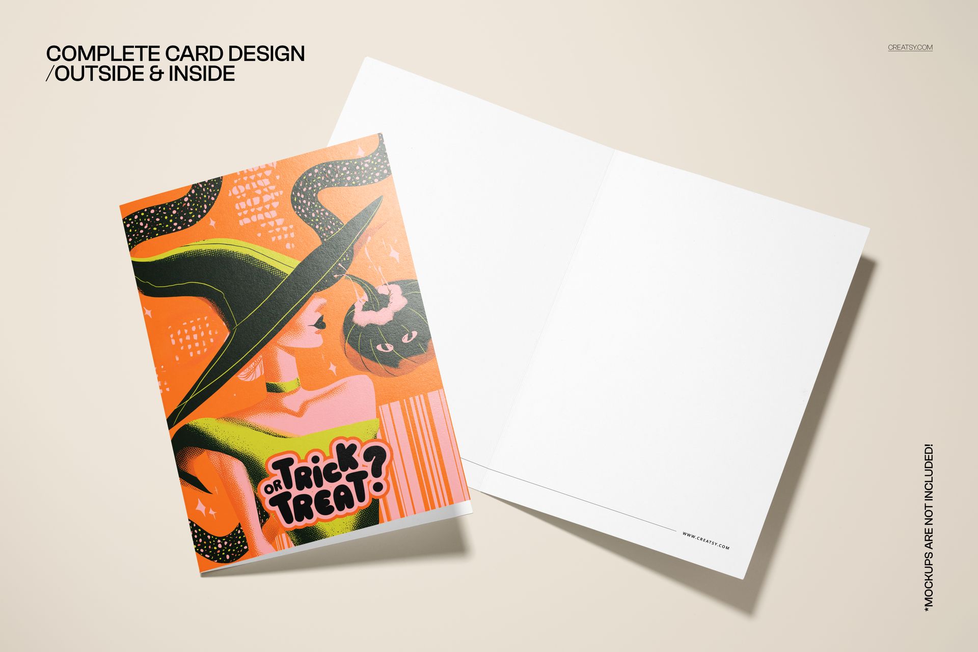 Halloween themed 5x7 card mockup showing a colorful witch design on the cover and plain white interior spread.