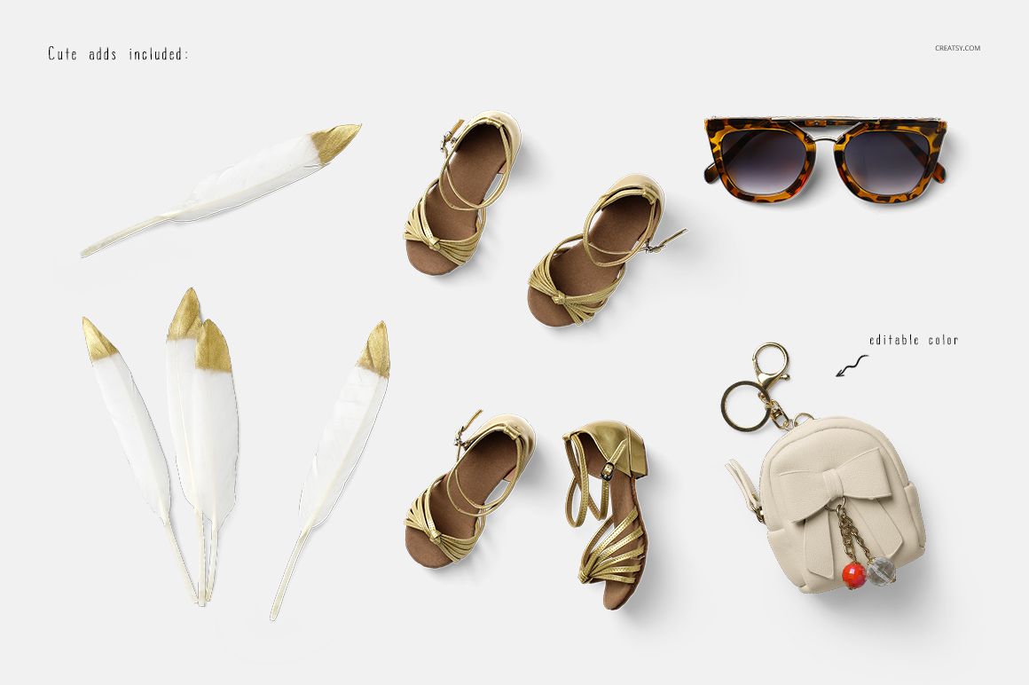 Top view of a baby summer set mockup featuring gold sandals, white feathers, tortoiseshell sunglasses, and a small beige bag.