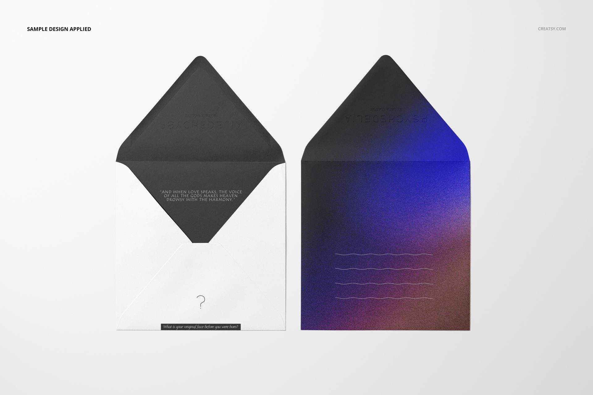 Stationery mockup featuring two square envelopes, one open with a white card and one with a colorful gradient pattern.