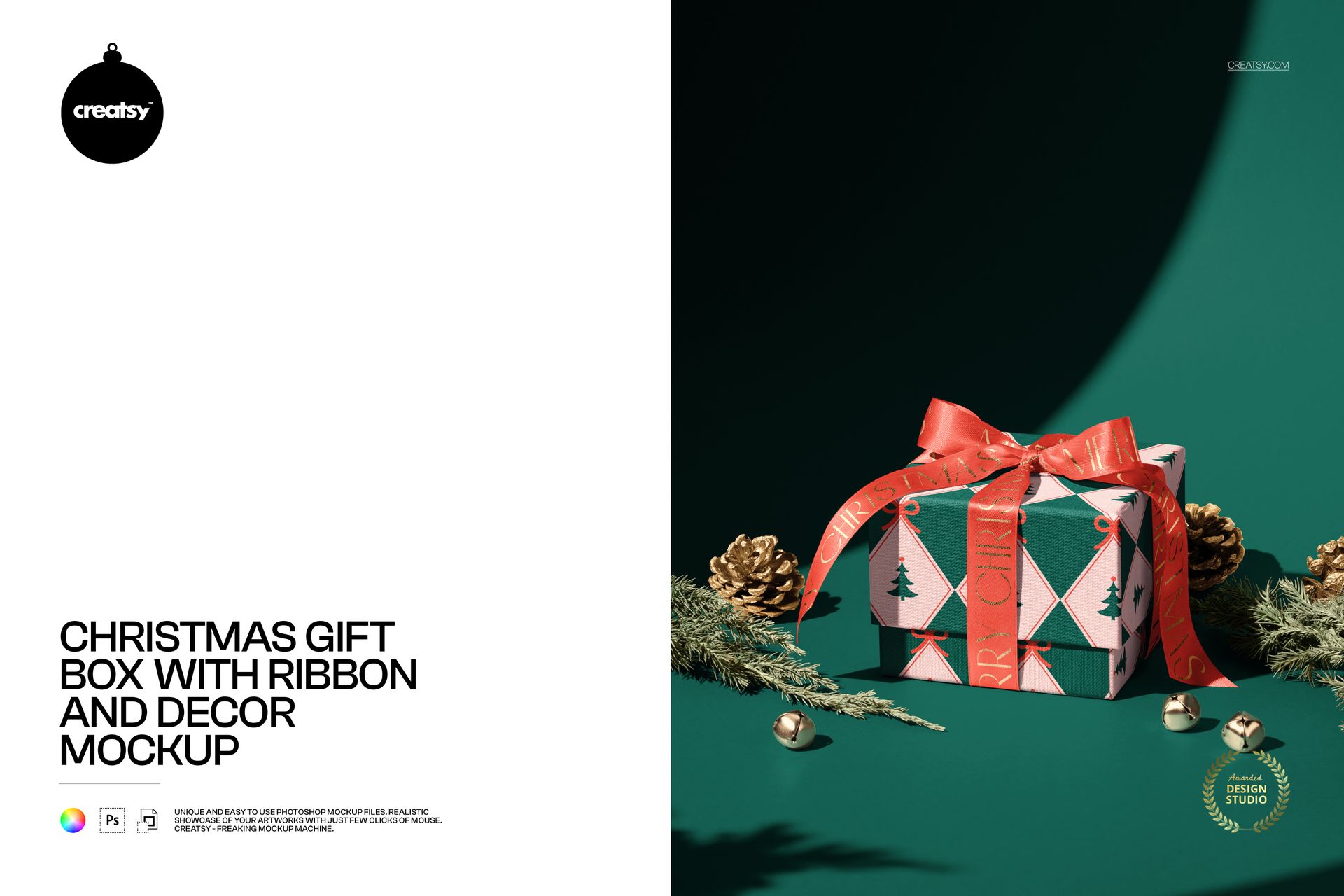 Christmas gift box with a red ribbon, pine cones, and festive greenery on a green background, front view mockup.