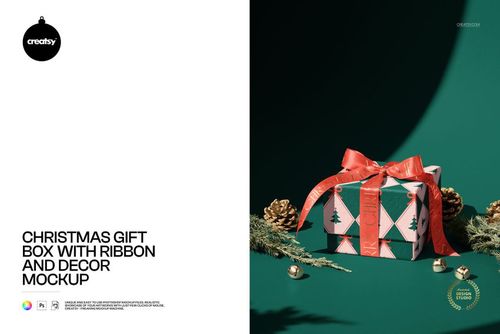 Christmas gift box with a red ribbon, pine cones, and festive greenery on a green background, front view mockup.