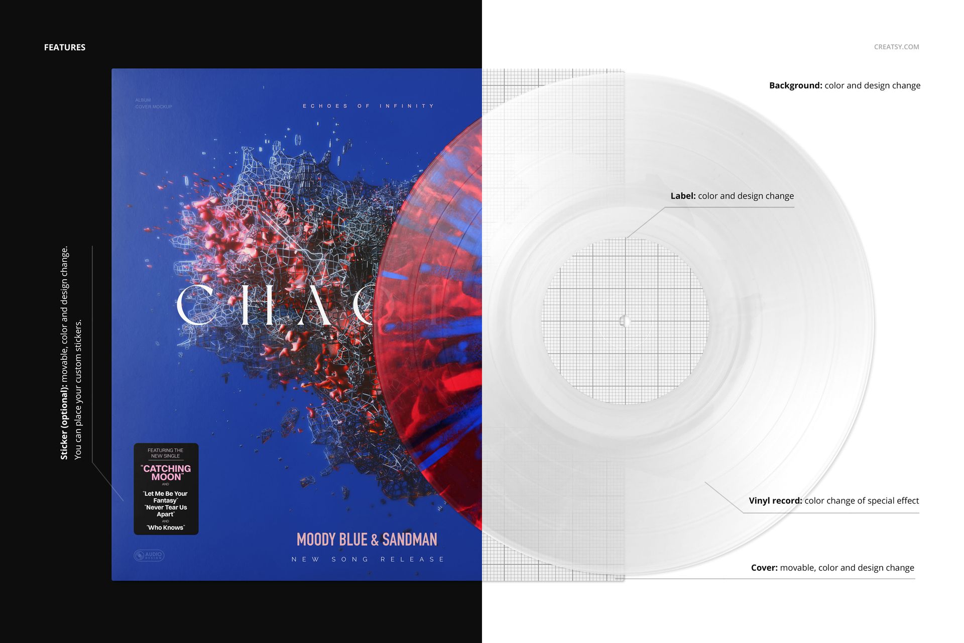 Front view of a vinyl record and cover mockup with splatter effect, featuring a blue and red abstract design.