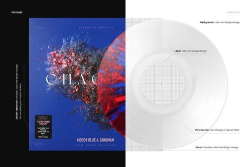 Front view of a vinyl record and cover mockup with splatter effect, featuring a blue and red abstract design.