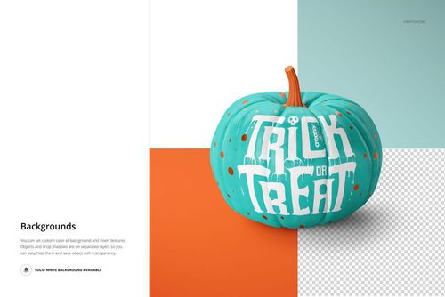 Turquoise pumpkin featuring bold white Halloween text, shown on a PSD mockup with orange and transparent sections.