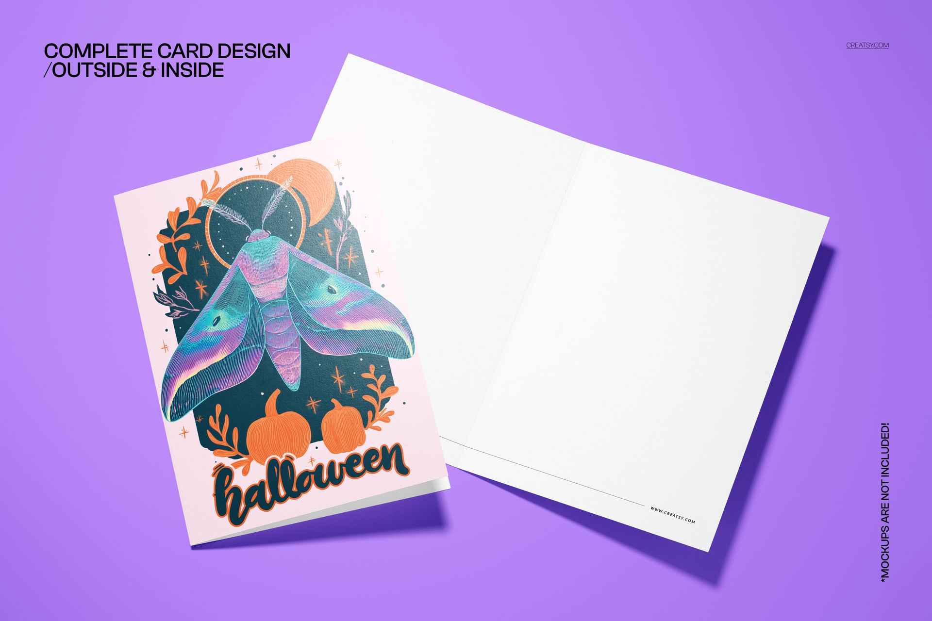PSD mockup of a 5x7 card with a vintage Halloween illustration of a moth, pumpkins, and moon, shown open and closed.