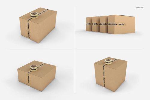 Packing tape with printed text sealing plain brown cardboard boxes, shown from multiple angles in a mockup set.