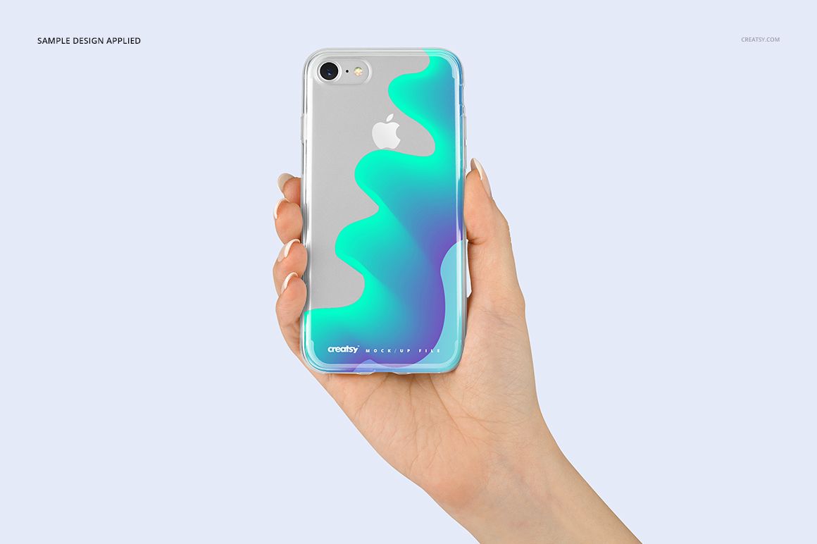 iPhone 7 clear case mockup showing a wavy teal and purple artwork, displayed against a pale blue backdrop.