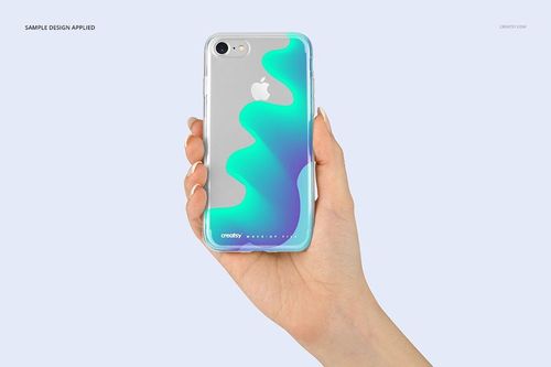iPhone 7 clear case mockup showing a wavy teal and purple artwork, displayed against a pale blue backdrop.
