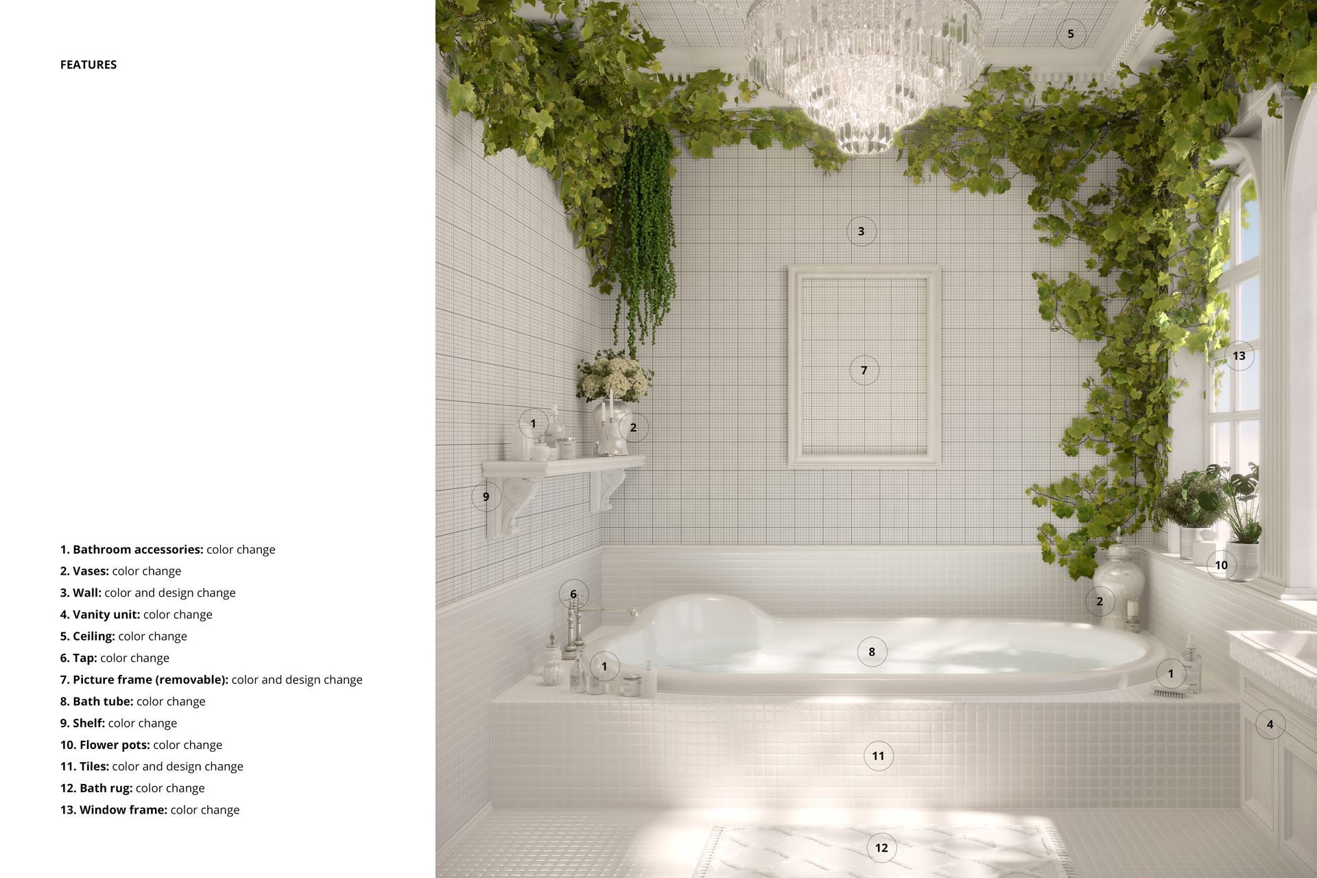 Mediterranean style bathroom mockup with white tiled walls, a bathtub, and cascading green plants overhead.