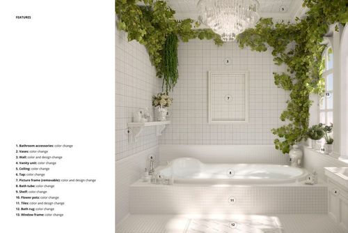 Mediterranean style bathroom mockup with white tiled walls, a bathtub, and cascading green plants overhead.
