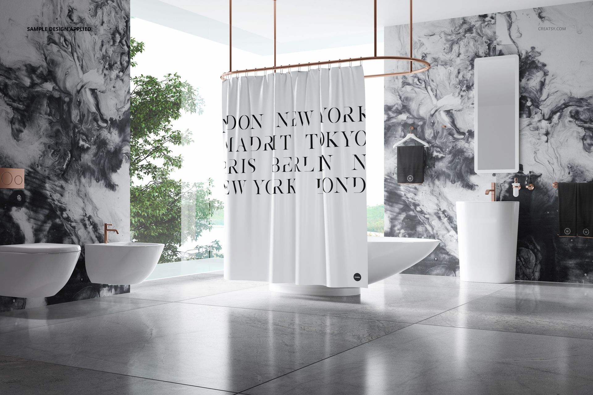 Bathroom bath curtain mockup in a stylish setting, showing a white curtain with city names and elegant fixtures.