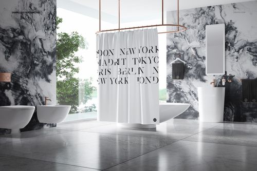 Bathroom bath curtain mockup in a stylish setting, showing a white curtain with city names and elegant fixtures.