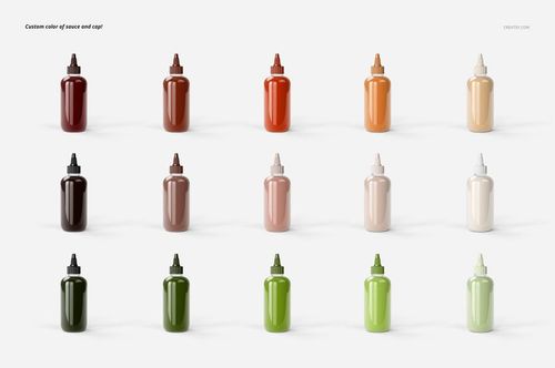 Set of sauce bottles mockup displayed in multiple colors, organized in a grid pattern with soft shadows.