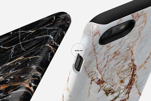 PSD mockup of iPhone 7 tough and snap cases with realistic marble textures, presented against a neutral background.