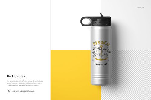 Top view of a 20 oz. stainless steel water bottle mockup with a black lid and graphic print, placed on a color-blocked surface.
