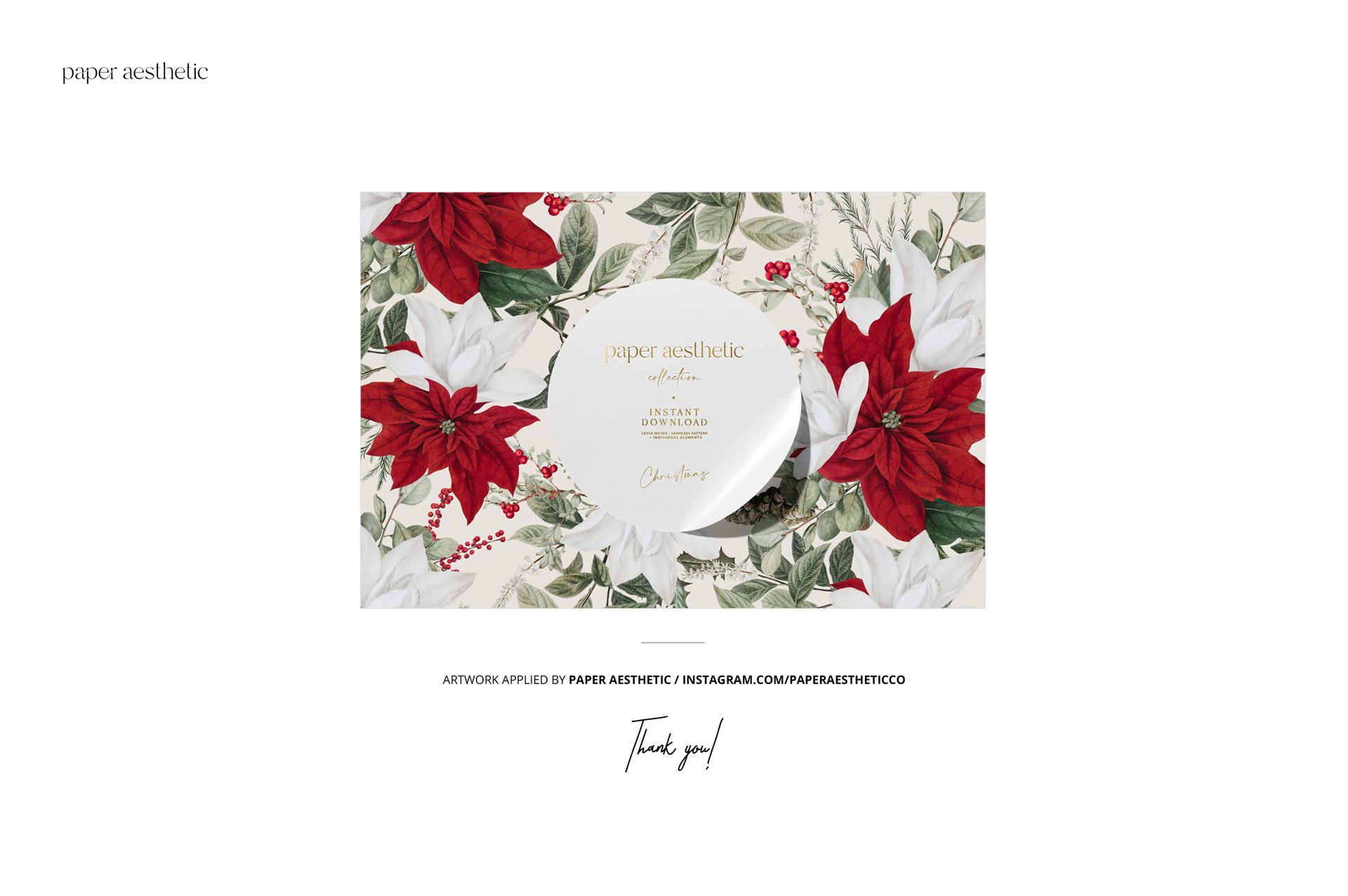 Fabric bolts mockup featuring a floral pattern with red and white poinsettias, green leaves, and berries on a light background.