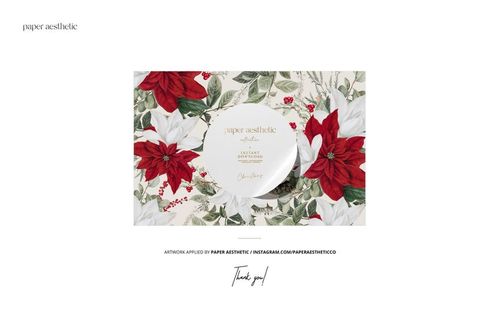Fabric bolts mockup featuring a floral pattern with red and white poinsettias, green leaves, and berries on a light background.