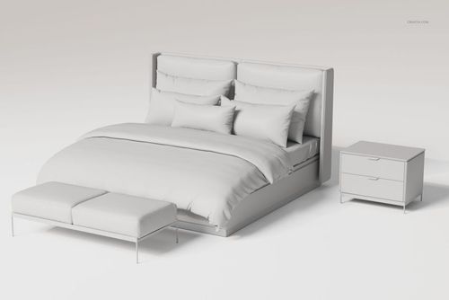 Modern bedroom furniture set featuring a large bed with plush pillows, a nightstand, and a bench, shown in a neutral color.