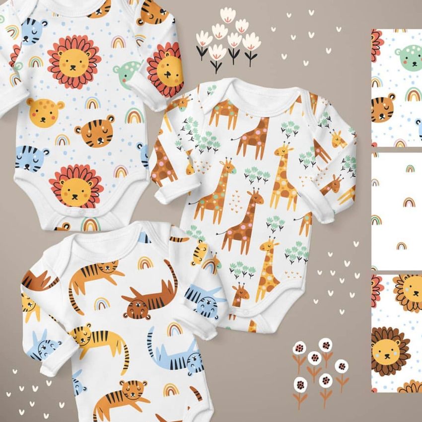 Baby onesie mockup set featuring three long sleeve bodysuits with colorful safari animal patterns on a neutral background.