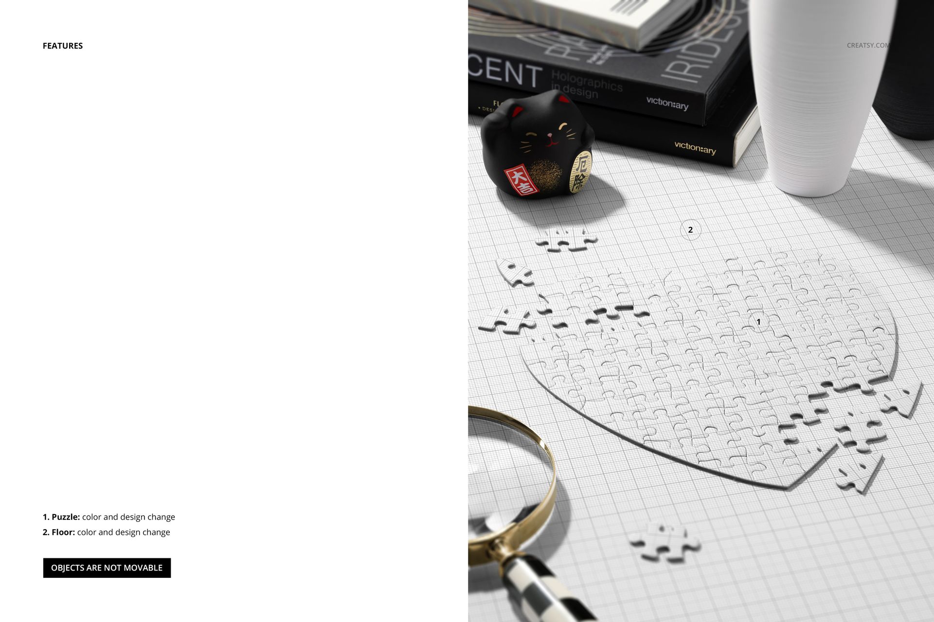 Heart jigsaw puzzle mockup on a modern desk with scattered pieces, books, a black lucky cat figurine, and a magnifying glass.