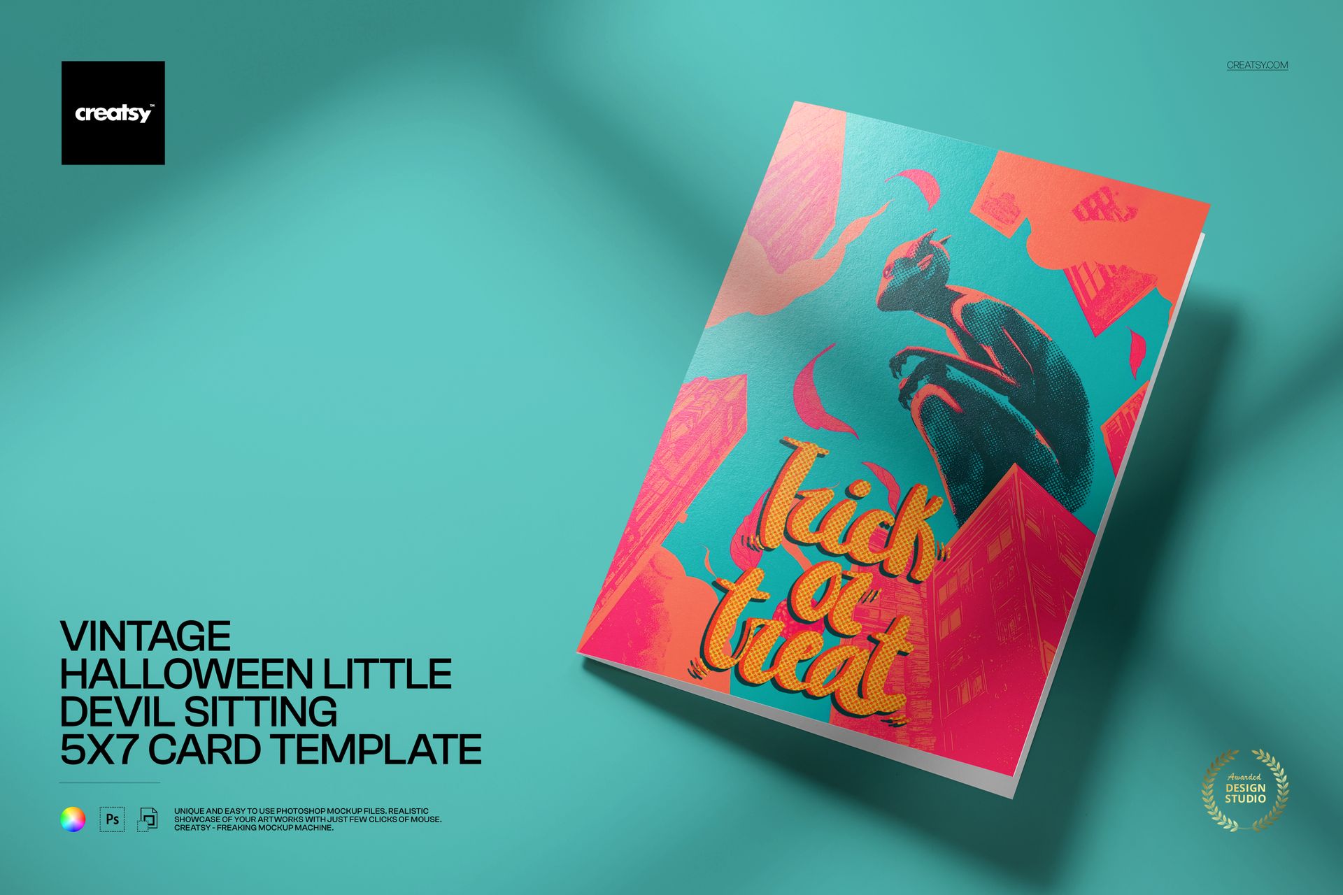 Mockup of a folded card template with vibrant Halloween colors, vintage devil artwork, and 'trick or treat' lettering.