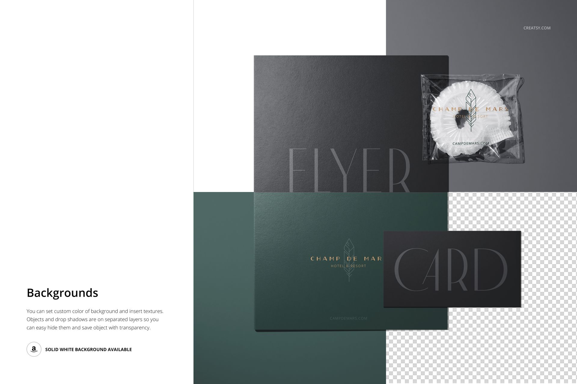 Hotel shower cap mockup featuring a white shower cap in clear packaging next to dark-colored flyers and cards on a light background.