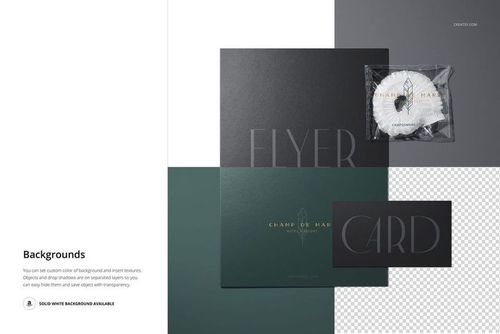 Hotel shower cap mockup featuring a white shower cap in clear packaging next to dark-colored flyers and cards on a light background.