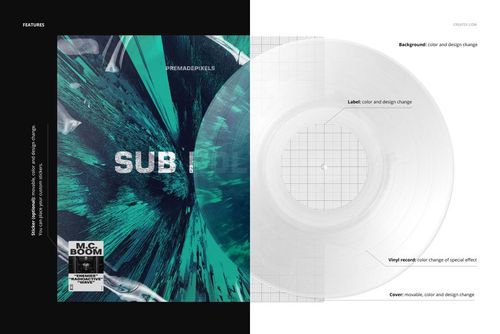 Front view of a vinyl record and cover mockup with smoke effect, featuring teal and black abstract design elements.