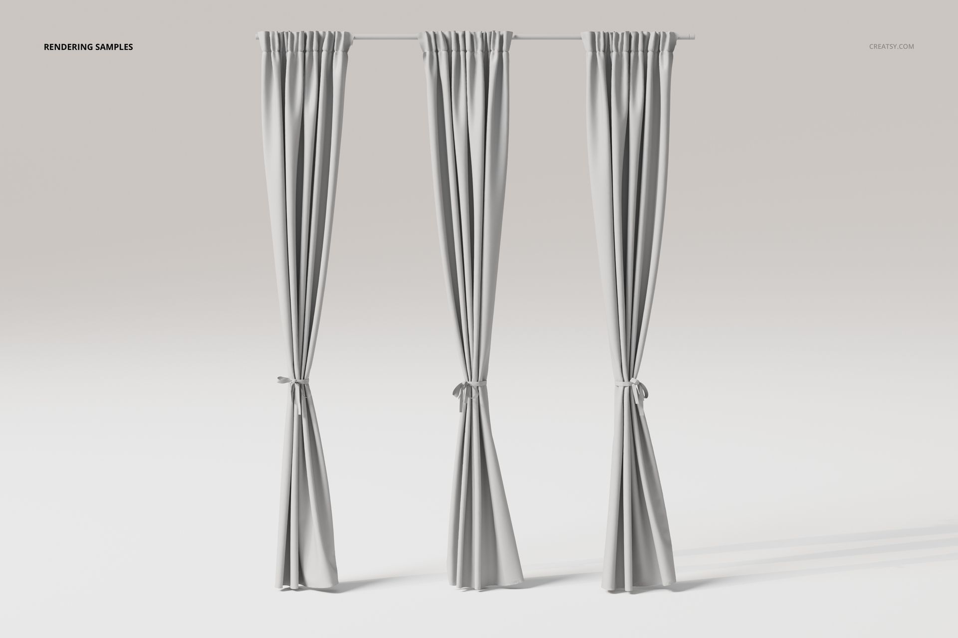 Front view of three luxury tie back curtains in light gray, hanging from a rod against a plain background.