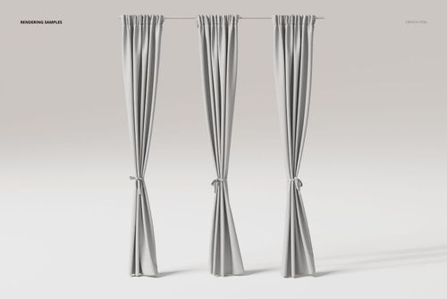 Front view of three luxury tie back curtains in light gray, hanging from a rod against a plain background.