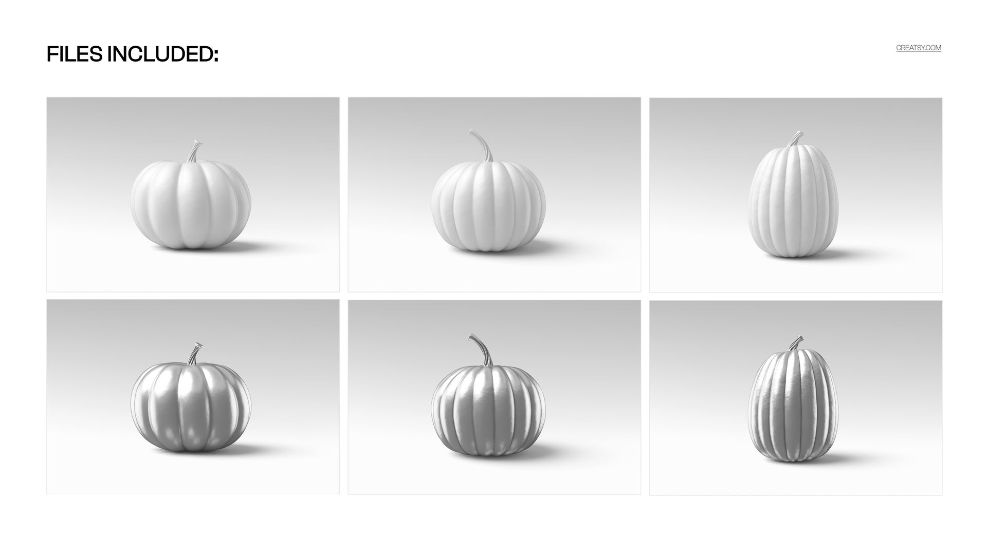 Six white pumpkin mockups are displayed in a grid, each with different shapes and textures on a plain background.