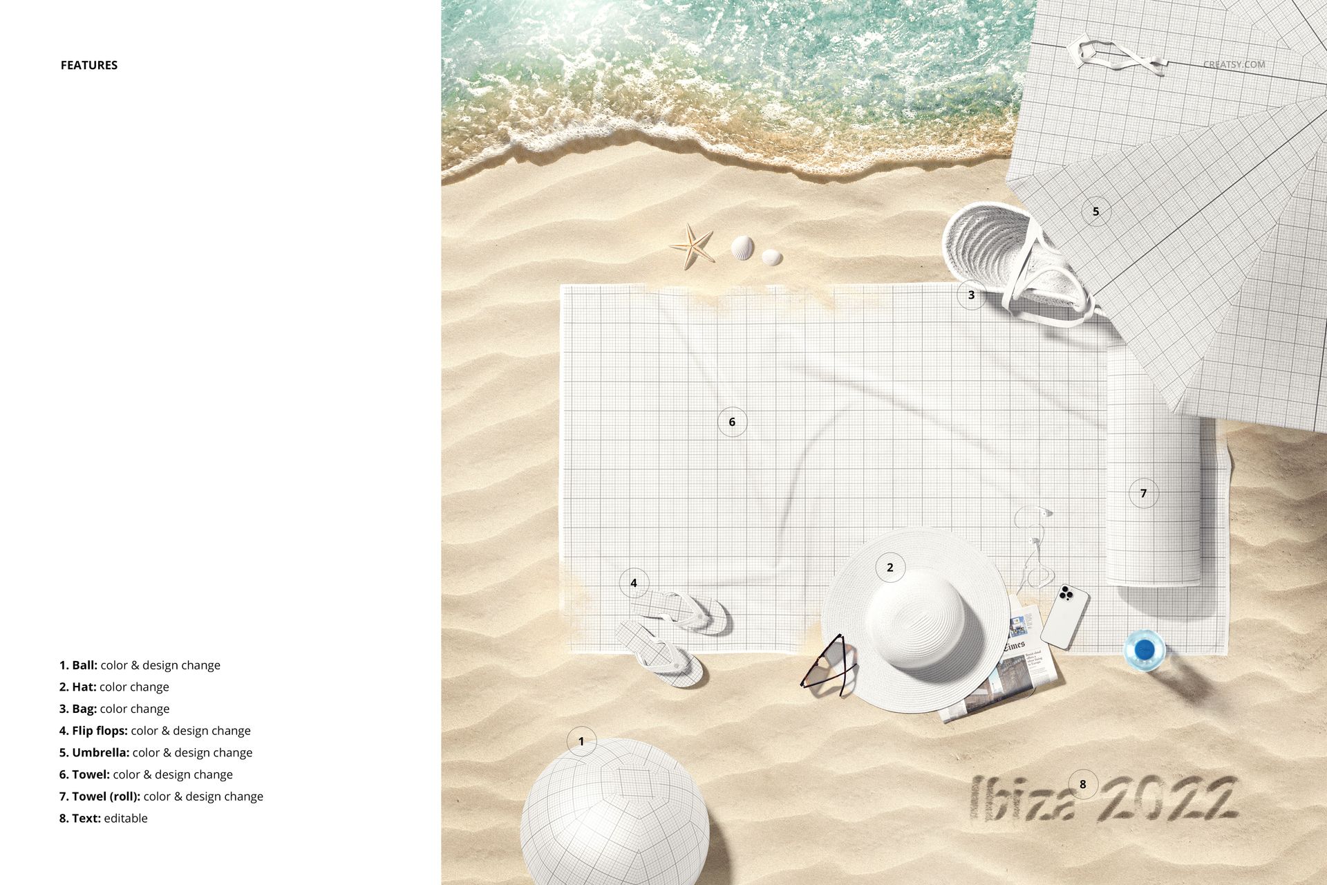 Beach towel mockup on sandy shore with grid pattern, surrounded by sun hat, flip-flops, umbrella, and ocean waves.