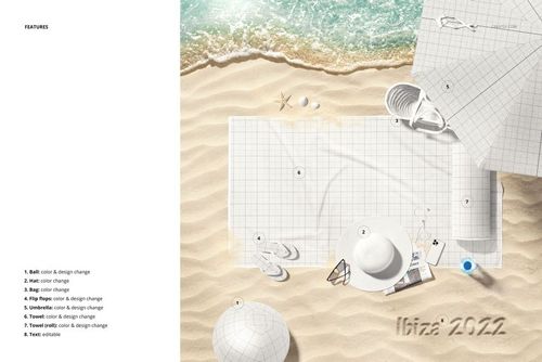 Beach towel mockup on sandy shore with grid pattern, surrounded by sun hat, flip-flops, umbrella, and ocean waves.