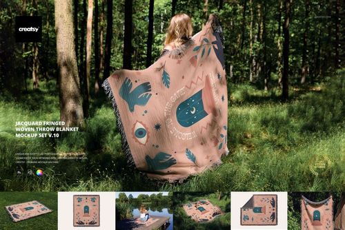 Jacquard woven throw blanket mockup draped behind a person in a green woodland setting with leafy shadows.