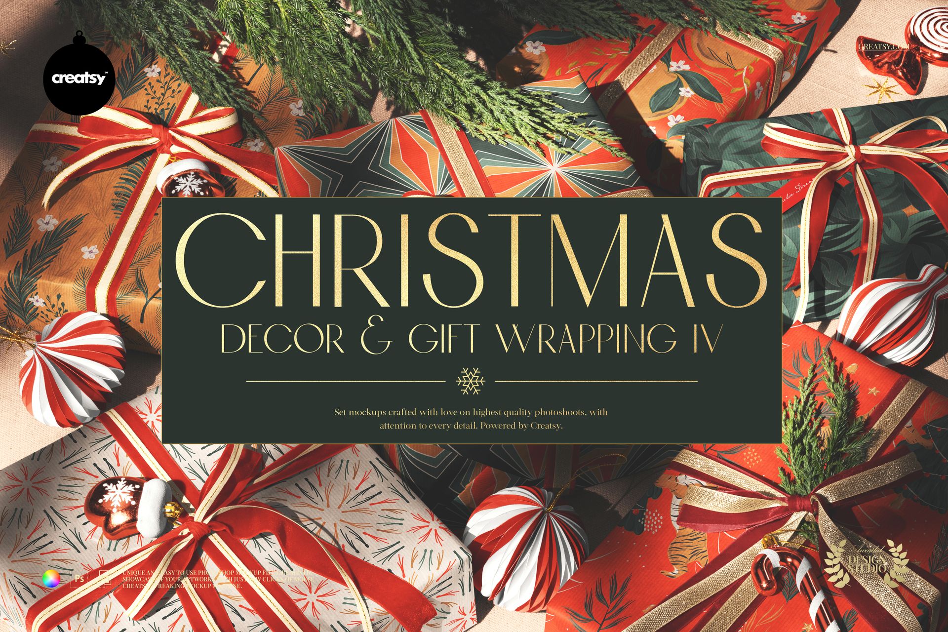 Close-up of holiday presents with red and gold wrapping, candy canes, baubles, and pine greenery in a Christmas mockup.