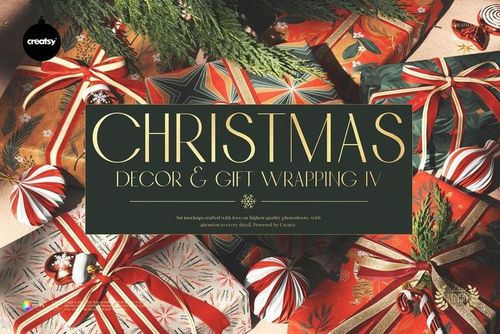 Close-up of holiday presents with red and gold wrapping, candy canes, baubles, and pine greenery in a Christmas mockup.