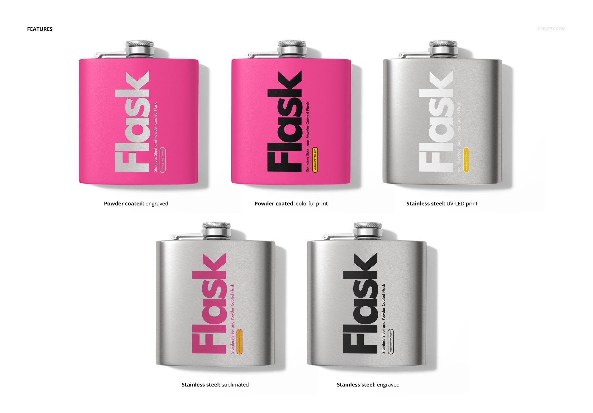 PSD mockup featuring five drinkware flasks in pink and silver, each with different print or engraving styles, front view.