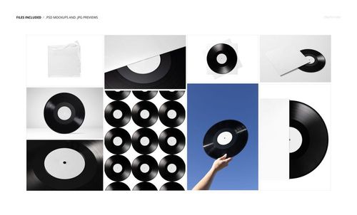 Black vinyl record mockup set showing multiple records with white labels in various arrangements and perspectives.