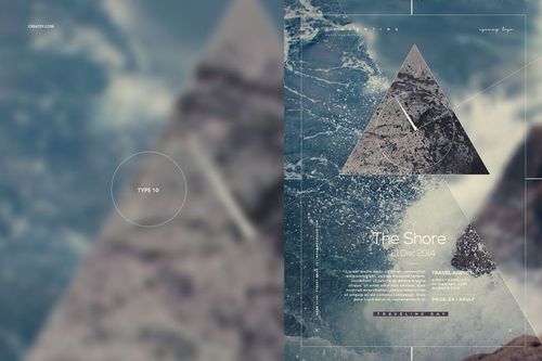 Front view of a nature-themed poster mockup featuring geometric shapes and ocean waves in blue and gray tones.