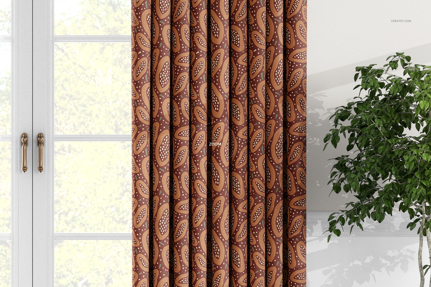 Brown and orange paisley-patterned curtain mockup displayed in a home interior setting next to a window and plant.