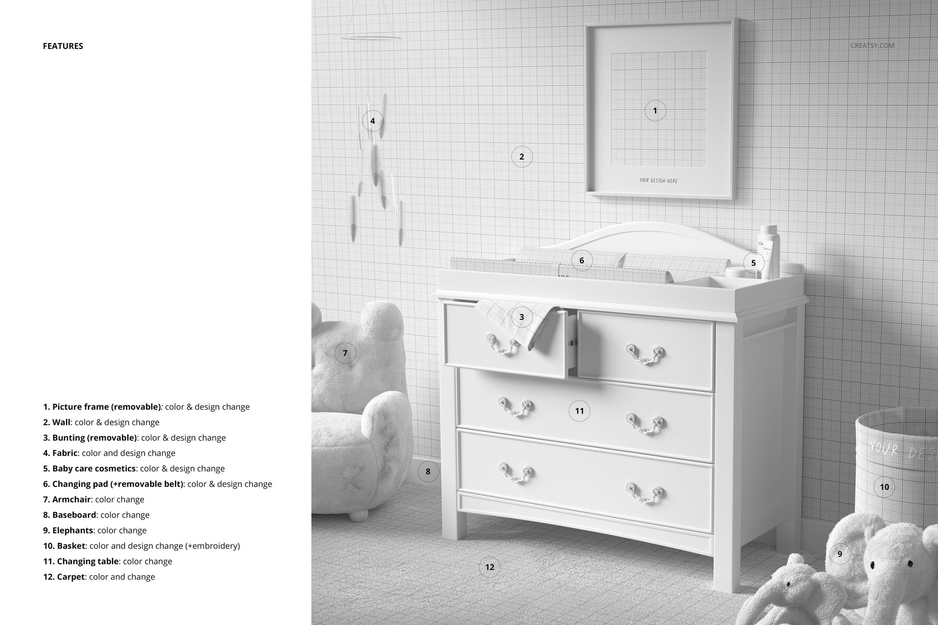 White dresser with a changing pad mockup in a nursery, featuring grid wallpaper and plush animal decor.